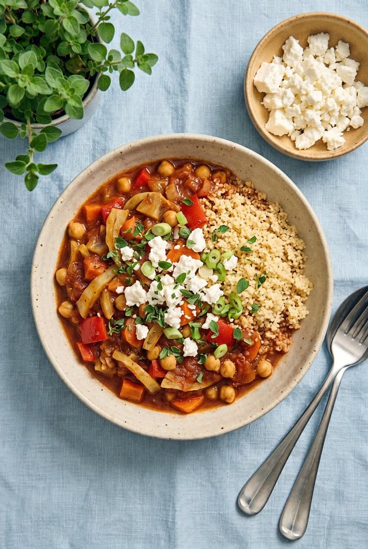Mustig grönsaksgryta med couscous och fetaost