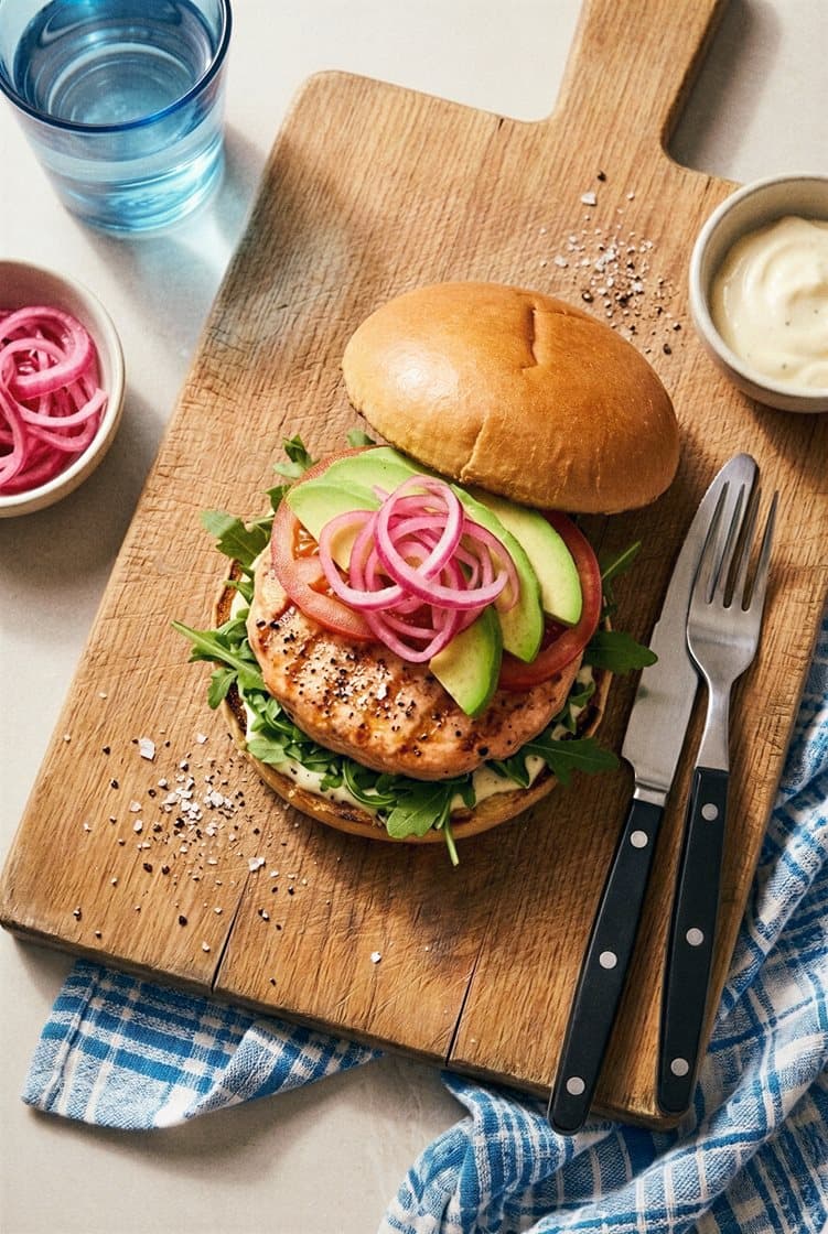 Grillad California-laxburgare med avokado, citronsyrad lök och ruccola