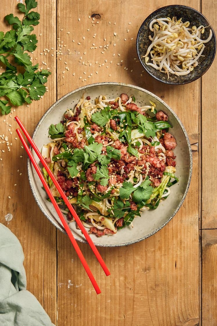 Ljummen nudelsallad med asiatisk färs, koriander och sesamfrön