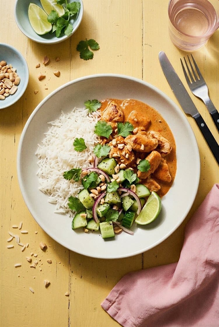 Snabb chicken tikka masala med gurksallad, jordnötter och koriander