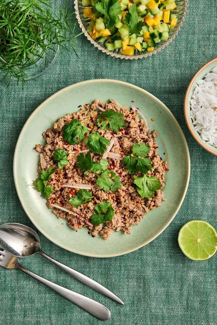 Larb - Thailändsk fläskfärs med lime, koriander, rostat ris och mangosalsa