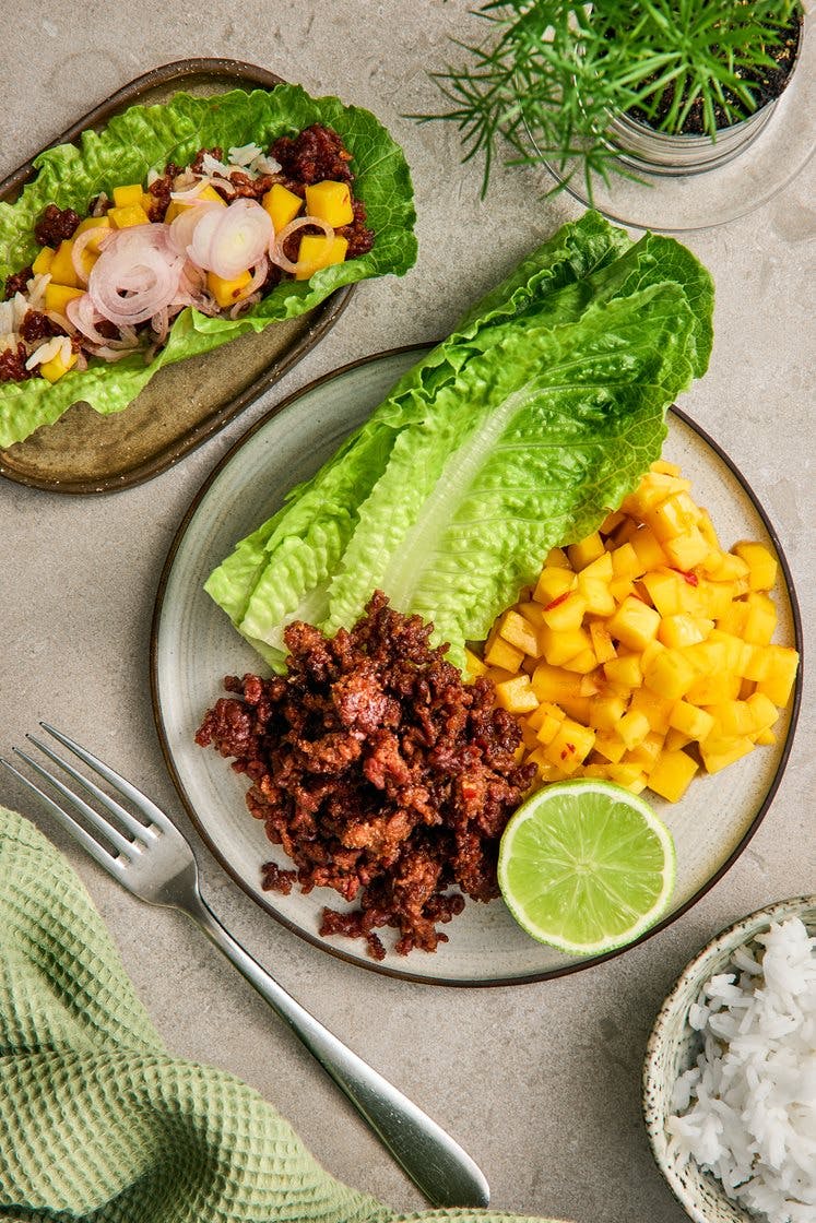 Salladswraps med BBQ vegetarisk färs, mangosalsa och picklad lök 