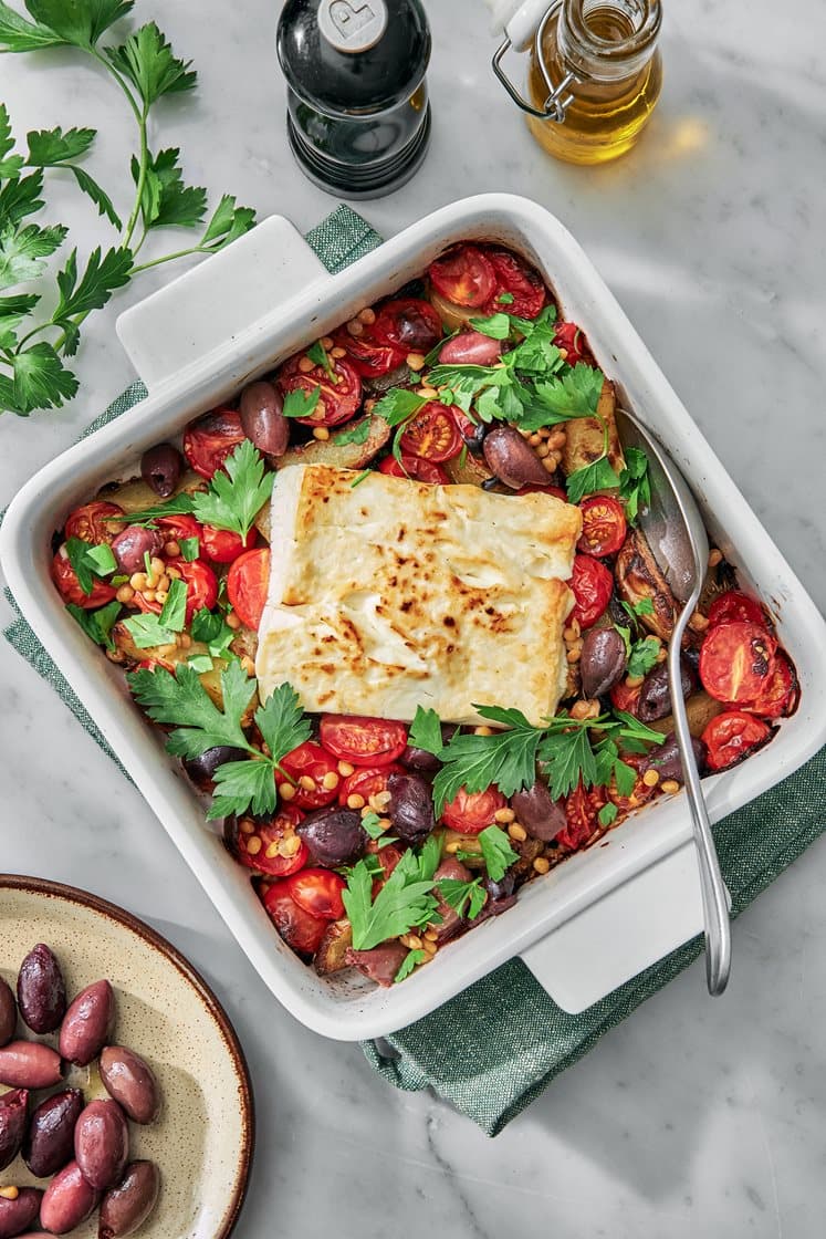 Grekisk pytt med oliver och bakad fetaost