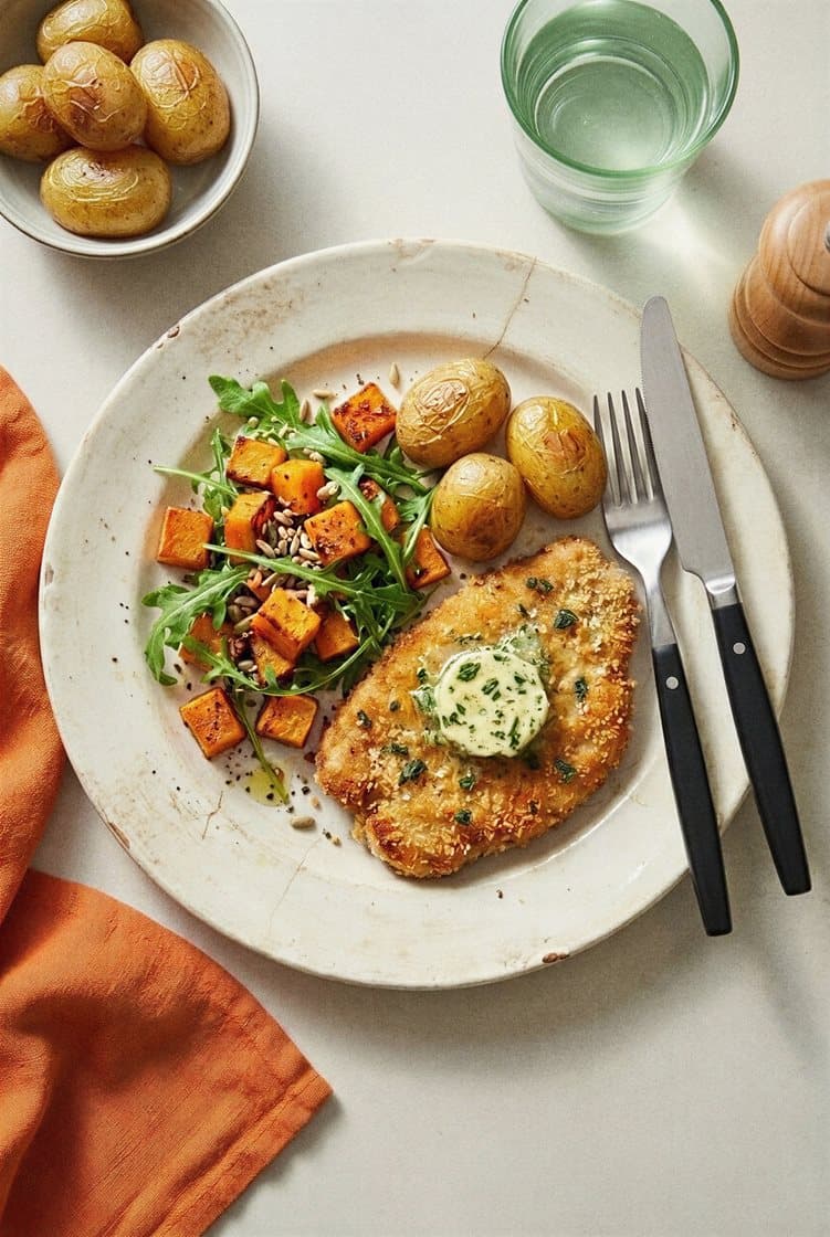 Pankopanerad fläskschnitzel med salviasmör och rostad pumpasallad