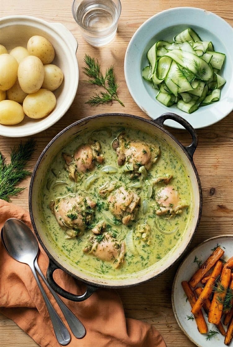 Kyckling i sötsyrlig dillsås med rimmad gurka och dillrostade morötter