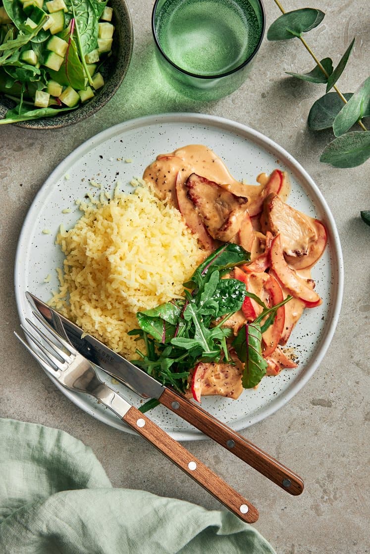 Fläskkotlett i mangosås med pressad potatis