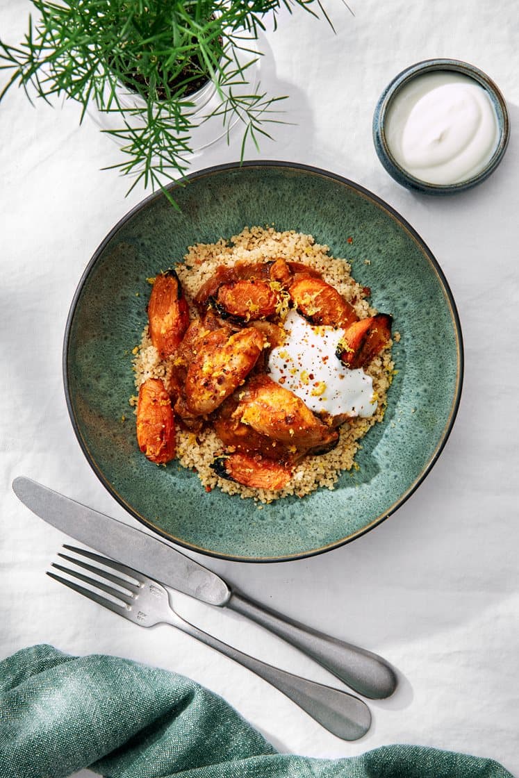 Marockansk kycklinggryta med citronrostade morötter och couscous