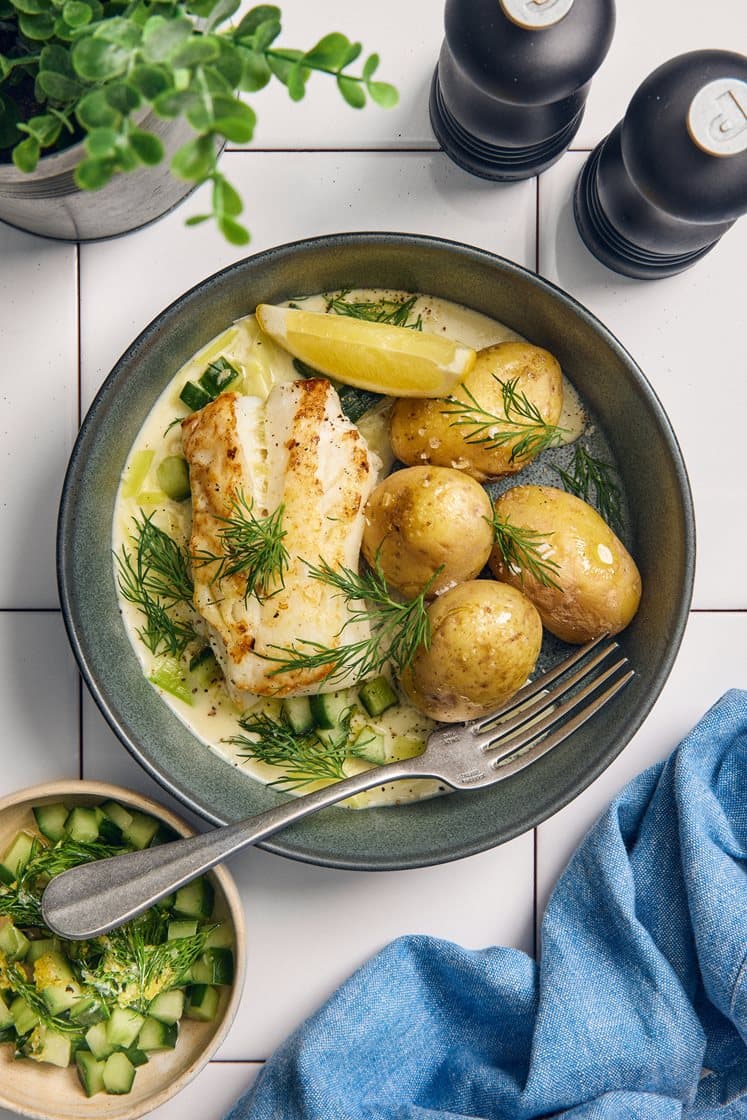Torsk med gräddkokt purjolök och dillgremolata