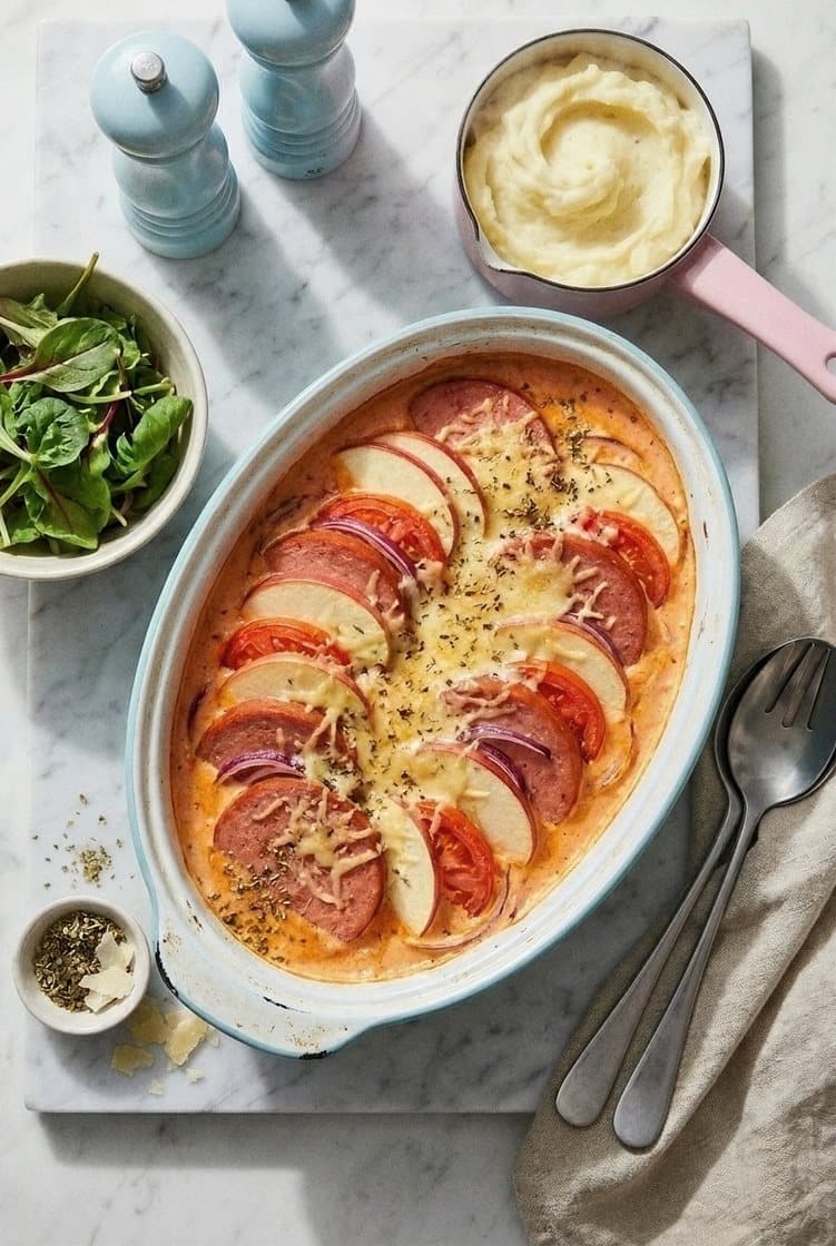 Parmesangratinerad falukorv i ugn med äpple, tomat och potatismos