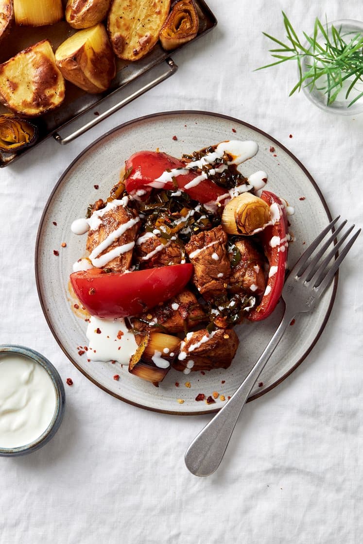 Chili chicken med purjolök och rostad potatis