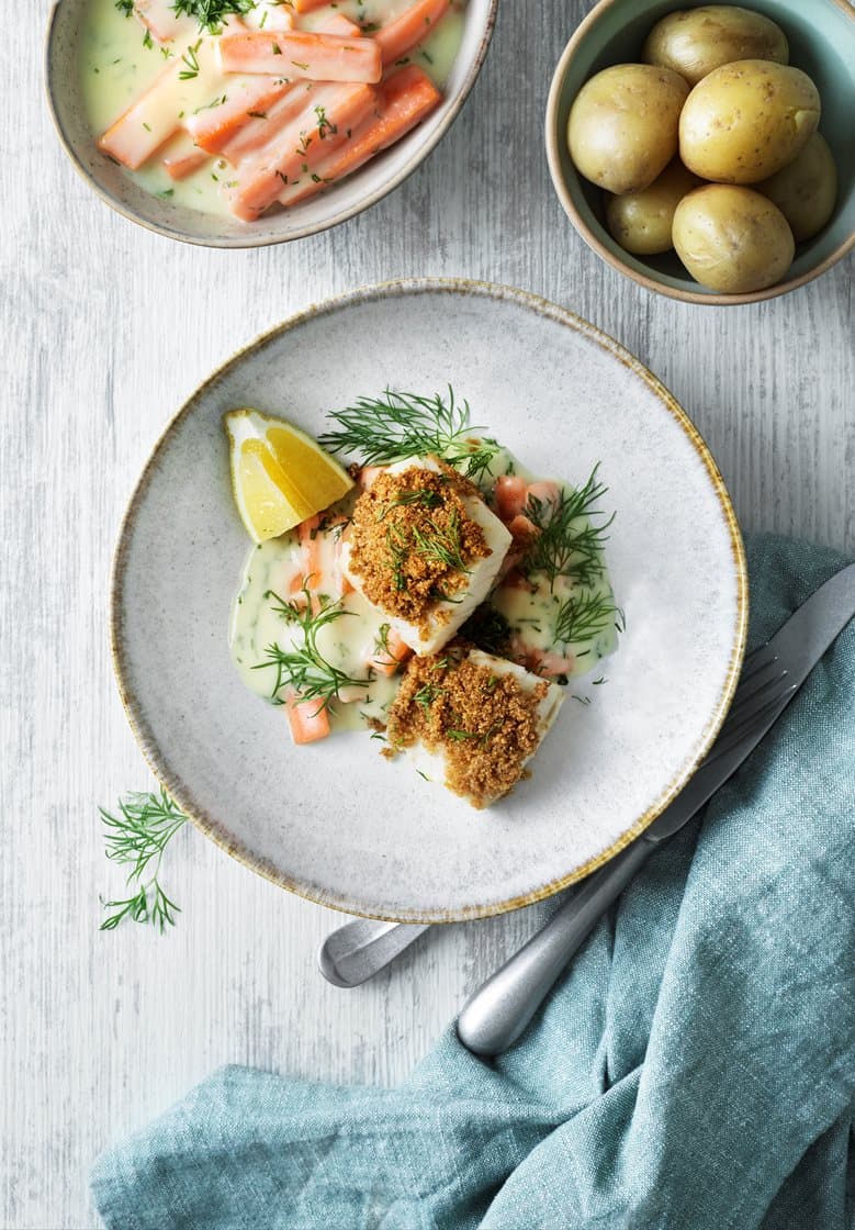 Citronbakad torsk med dillstuvade morötter