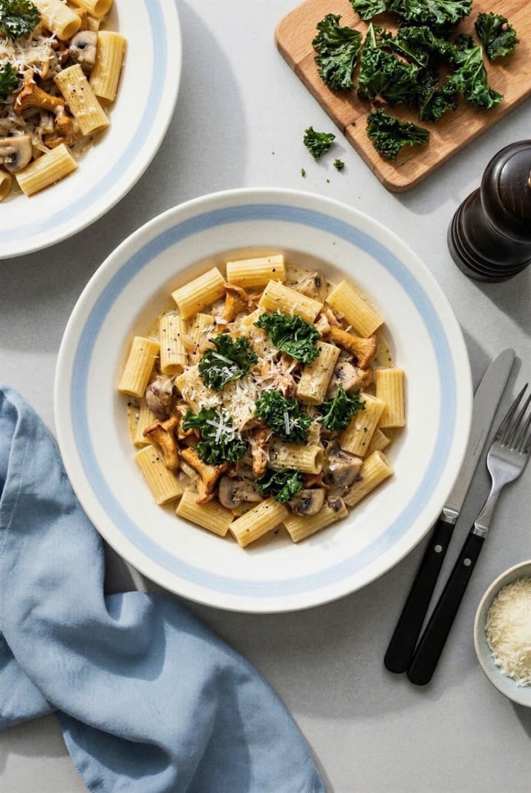 Mezze maniche i svampsås med kantareller, crème fraiche och grönkålschips