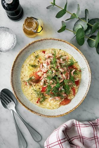 Krämig parmesanrisotto med bakade tomater, dillmarinerade räkor och pinjenötter