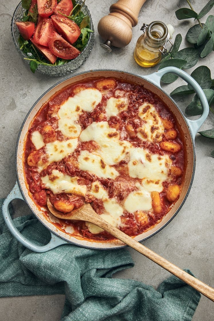 Gnocchi alla Sorrentina med kalkonbacon, mozzarella och parmesan