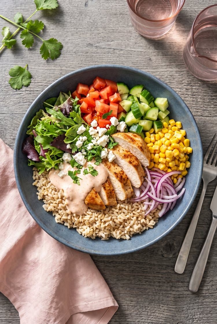 Tacobowl med kyckling, fullkornsris, tacodressing, koriander och fetaost