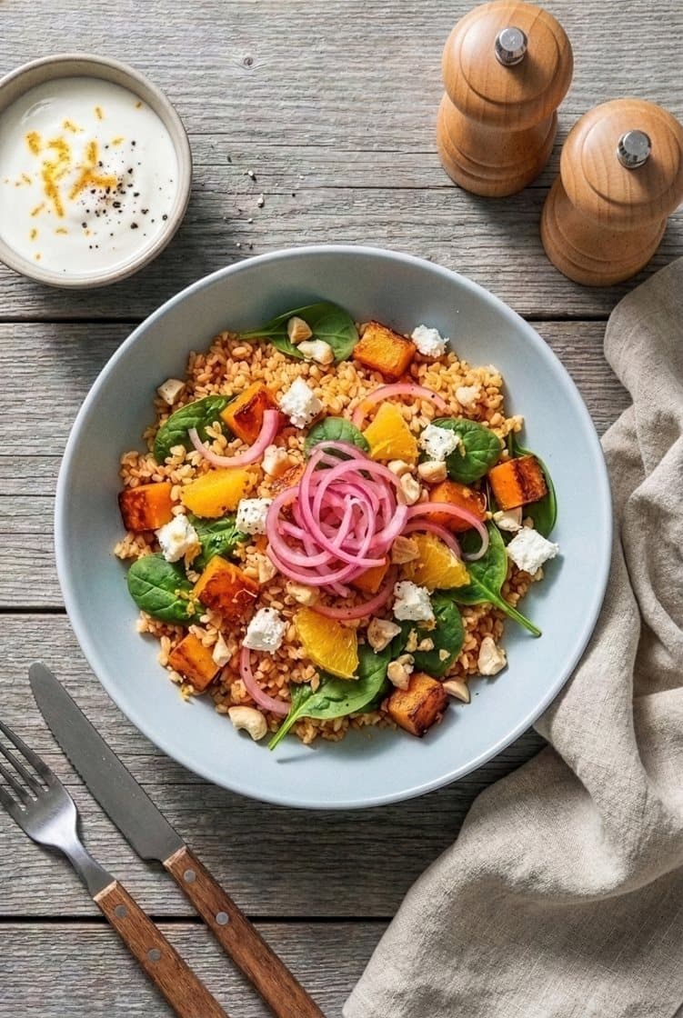 Ugnsrostad pumpa- och bulgursallad med spenat, fetaost, cashewnötter och yoghurtdressing