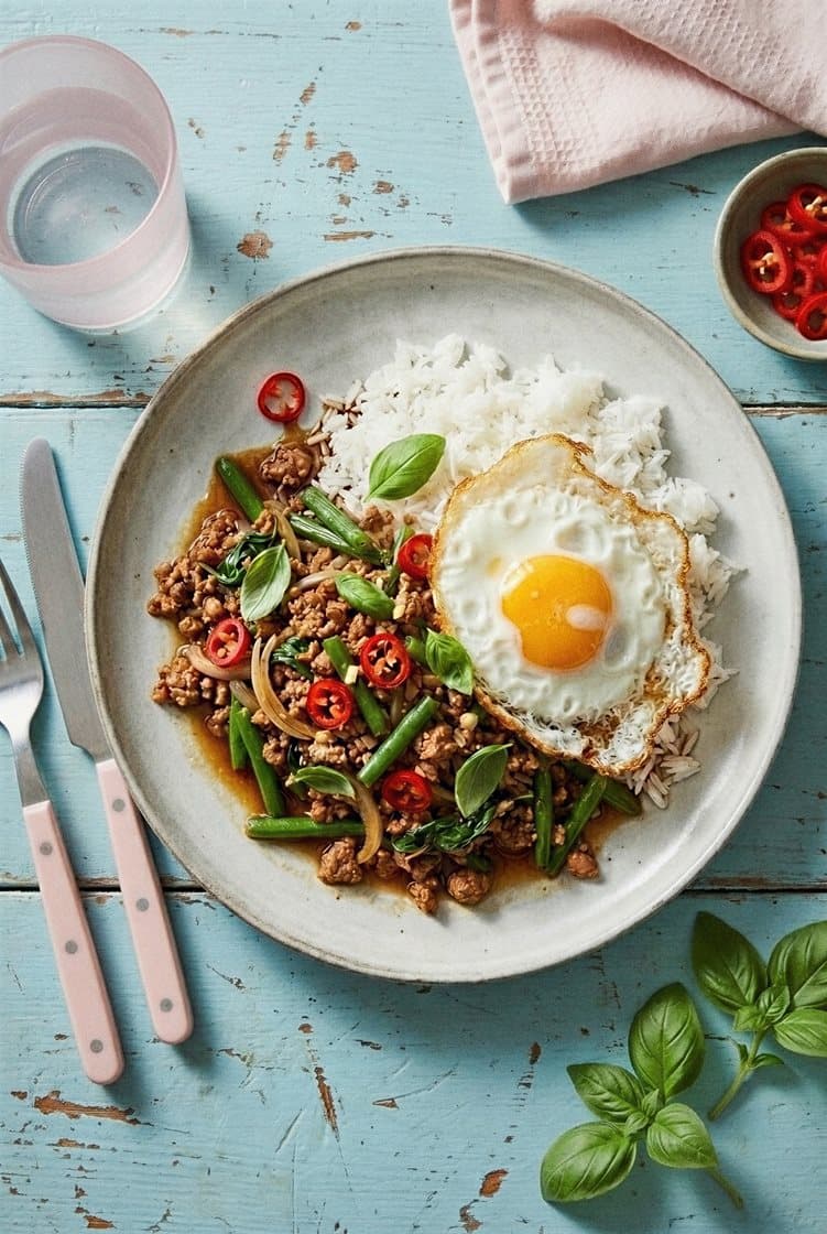 Pad kra pao med vegetarisk färs, chili, vitlök, basilika och stekt ägg