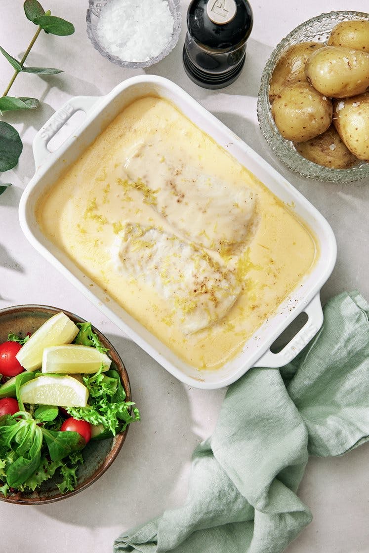 Citrongratinerad torsk med grönsaker och kokt potatis