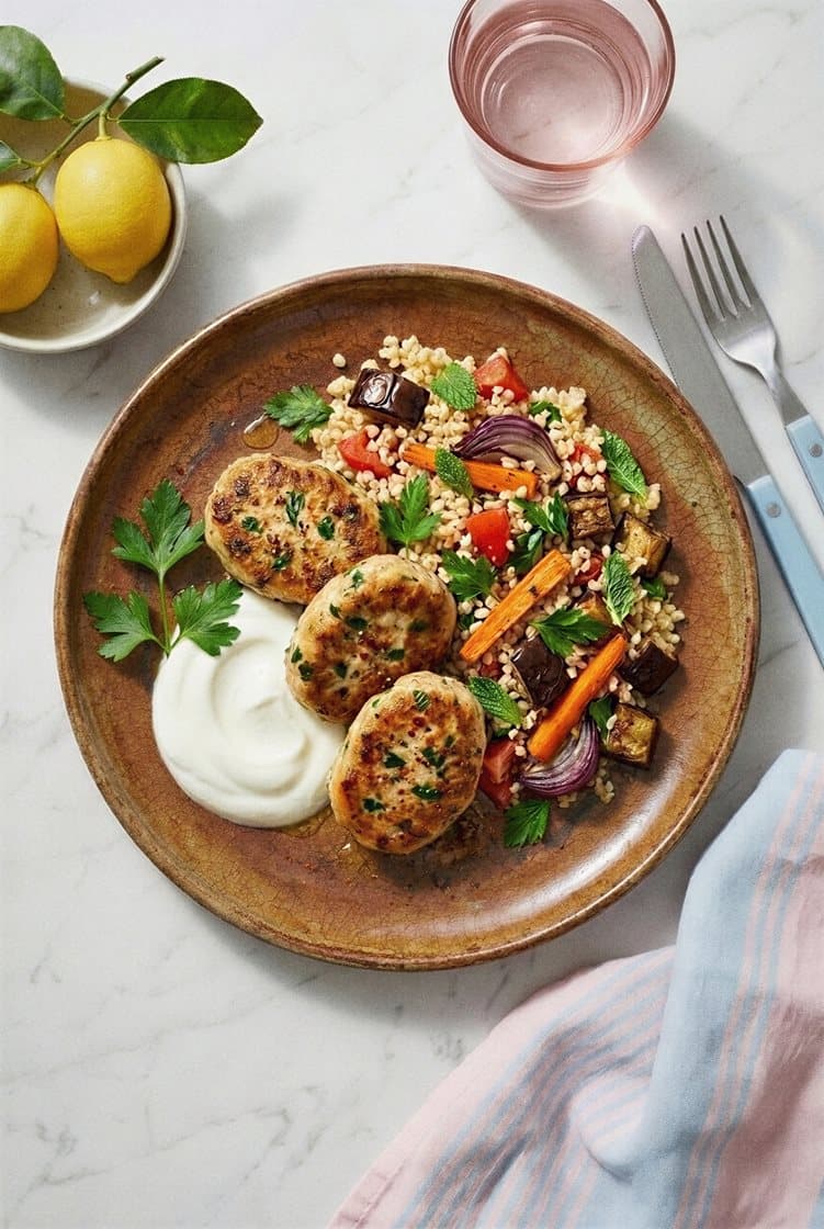 Clariasbiffar med rostad aubergine, morot, bulgur och citronyoghurt