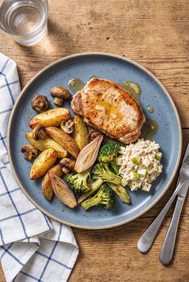 Kryddig fläskkotlett med ugnsrostad potatis och svamp, stekt broccoli och selleriremolad