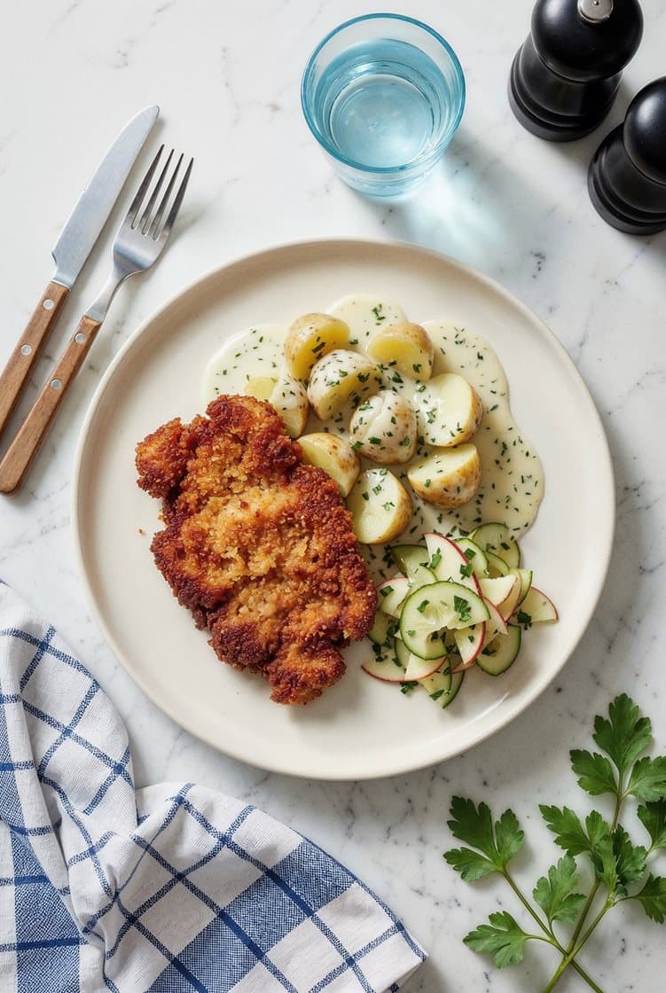 Fläskschnitzel med persiljestuvad potatis och picklad gurk- och äppelsallad