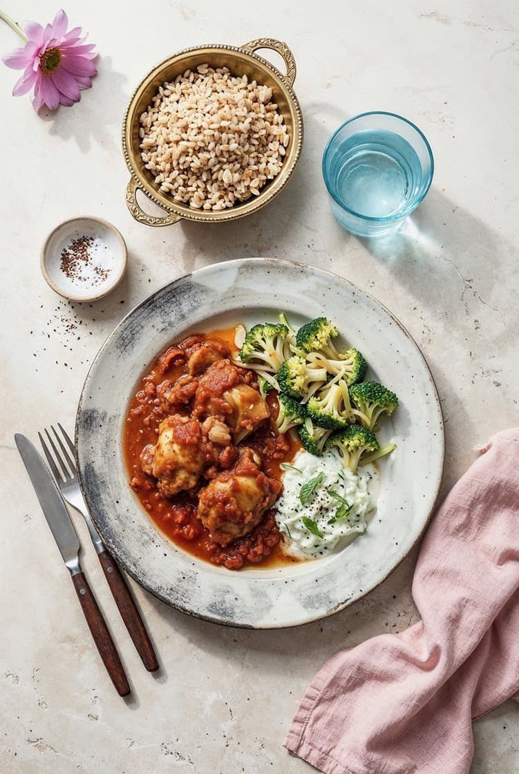 Kyckling garam masala med vitlöksstekt broccoli, raita och fullkornsris